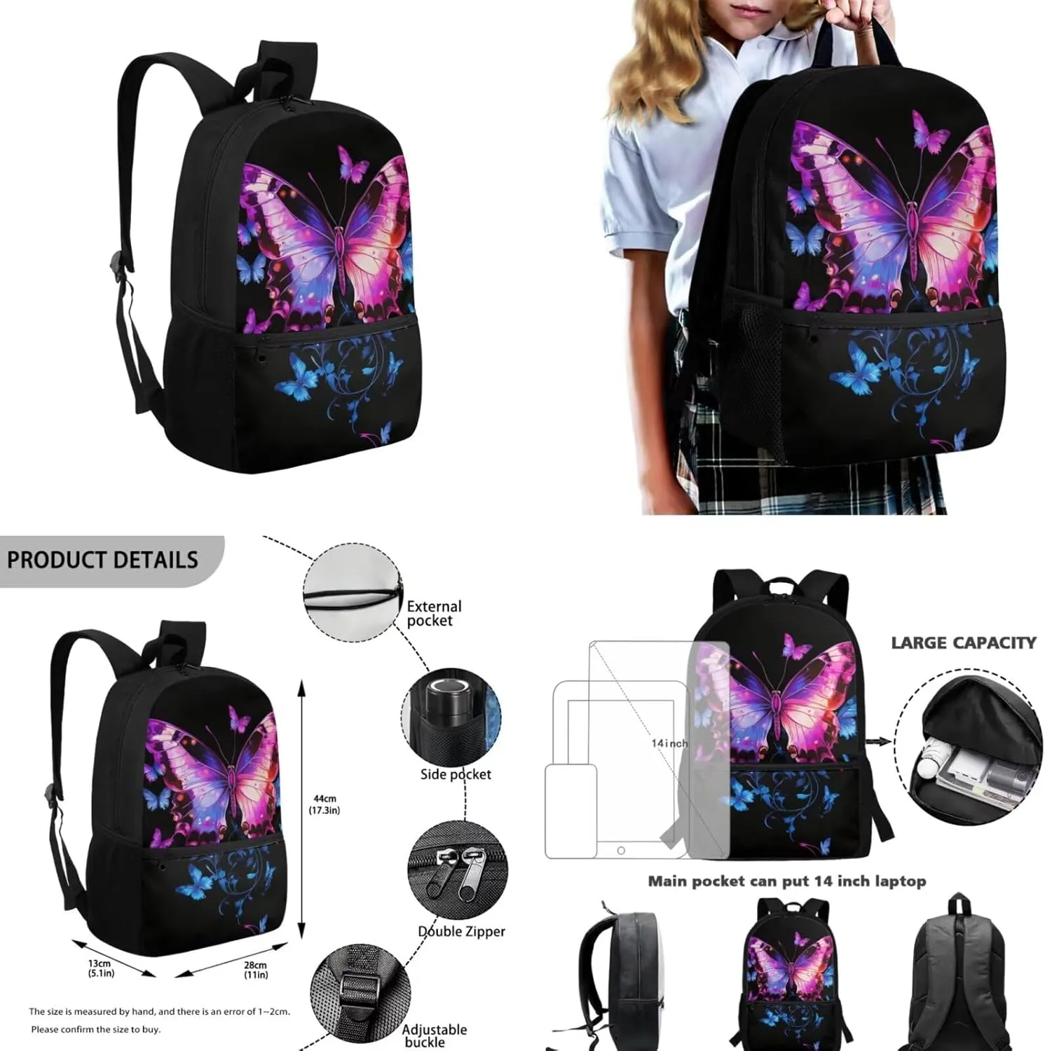 Butterfly Teens Backpacks for Girls Fashion Bookbags for 7Th Grade Girls Lightweight School Backpack with Water Bottle Sleeve Insulated Lunch Box Pencil Case Casual Rucksack