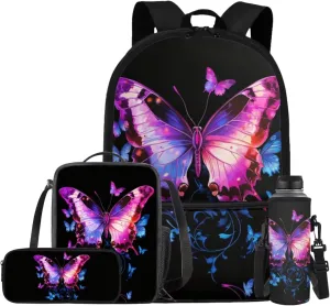 Butterfly Teens Backpacks for Girls Fashion Bookbags for 7Th Grade Girls Lightweight School Backpack with Water Bottle Sleeve Insulated Lunch Box Pencil Case Casual Rucksack