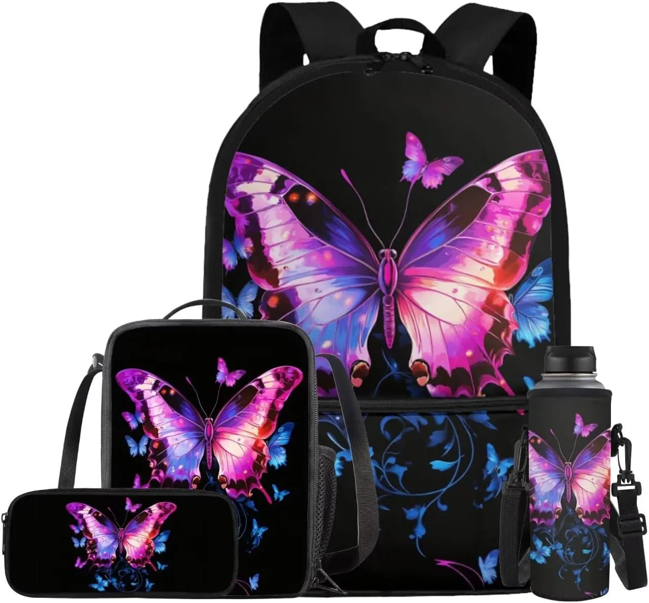 Butterfly Teens Backpacks for Girls Fashion Bookbags for 7Th Grade Girls Lightweight School Backpack with Water Bottle Sleeve Insulated Lunch Box Pencil Case Casual Rucksack
