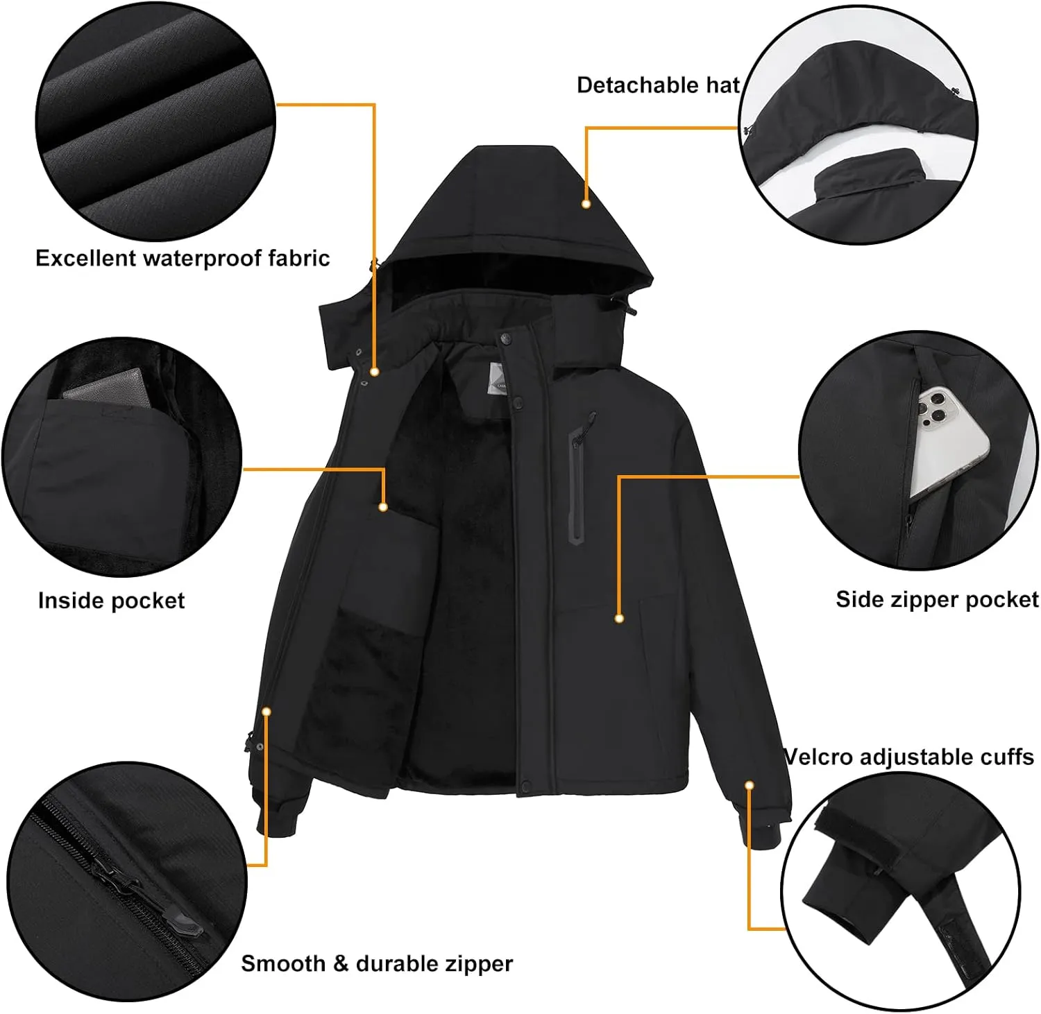 CAMEL CROWN Men's Mountain Snow Waterproof Ski Jacket Detachable Hood Windproof Fleece Parka Rain Jacket Winter Coat