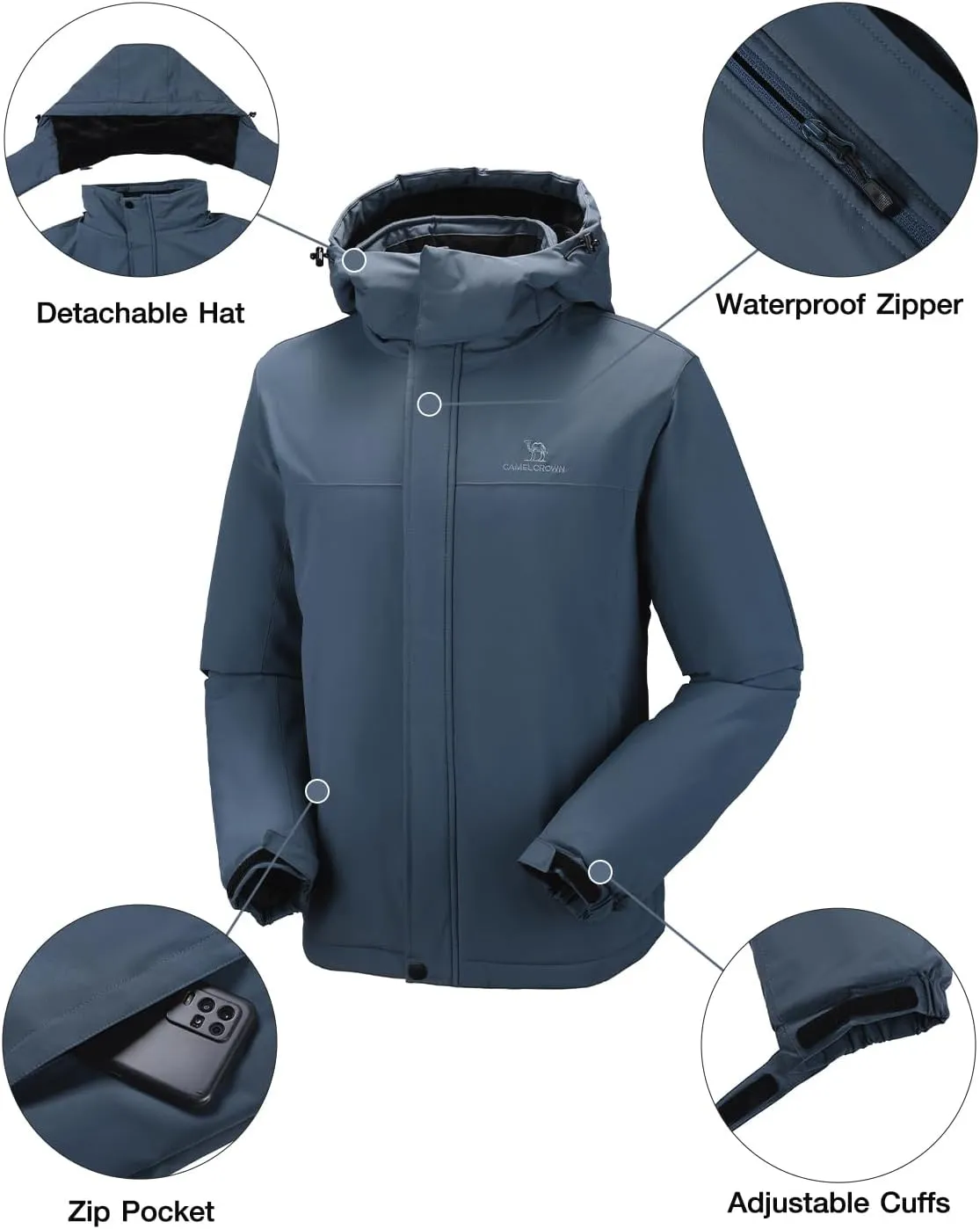 CAMEL CROWN Men's Winter Ski Jacket Mountain Snow Coats Waterproof Detachable Hood Windproof Fleece Rain Jackets