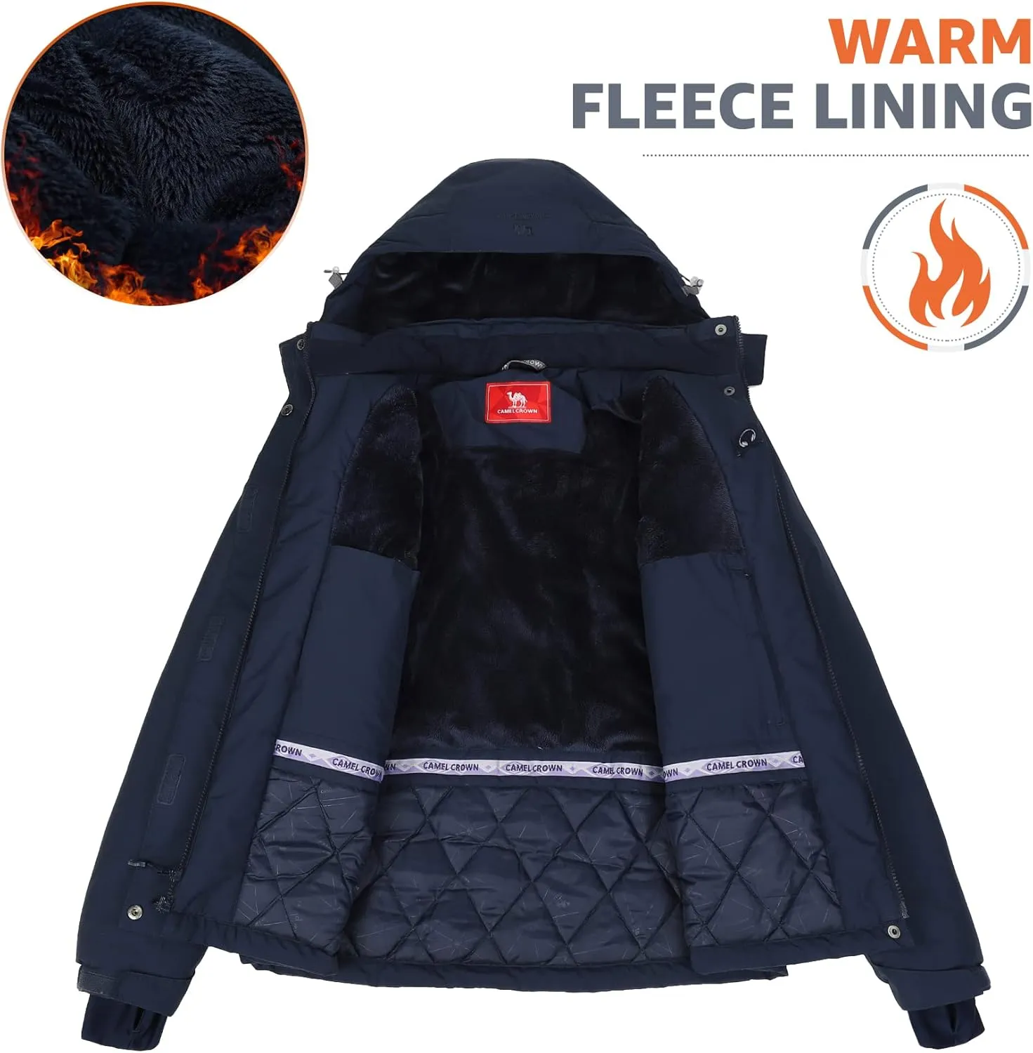 CAMEL CROWN Women’s Mountain Snow Waterproof Ski Jacket Detachable Hood Windproof Fleece Parka Rain Jackt Winter Coat