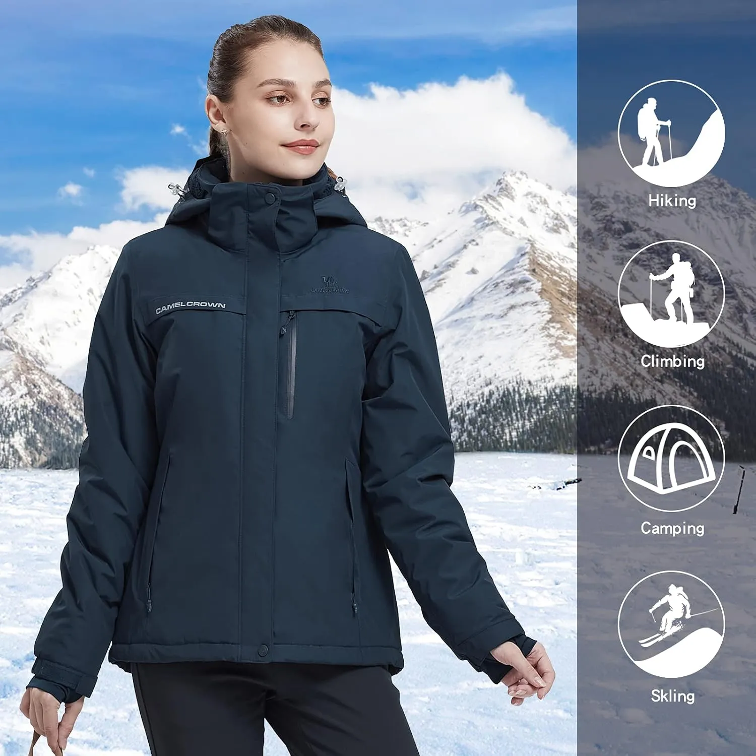 CAMEL CROWN Women’s Mountain Snow Waterproof Ski Jacket Detachable Hood Windproof Fleece Parka Rain Jackt Winter Coat