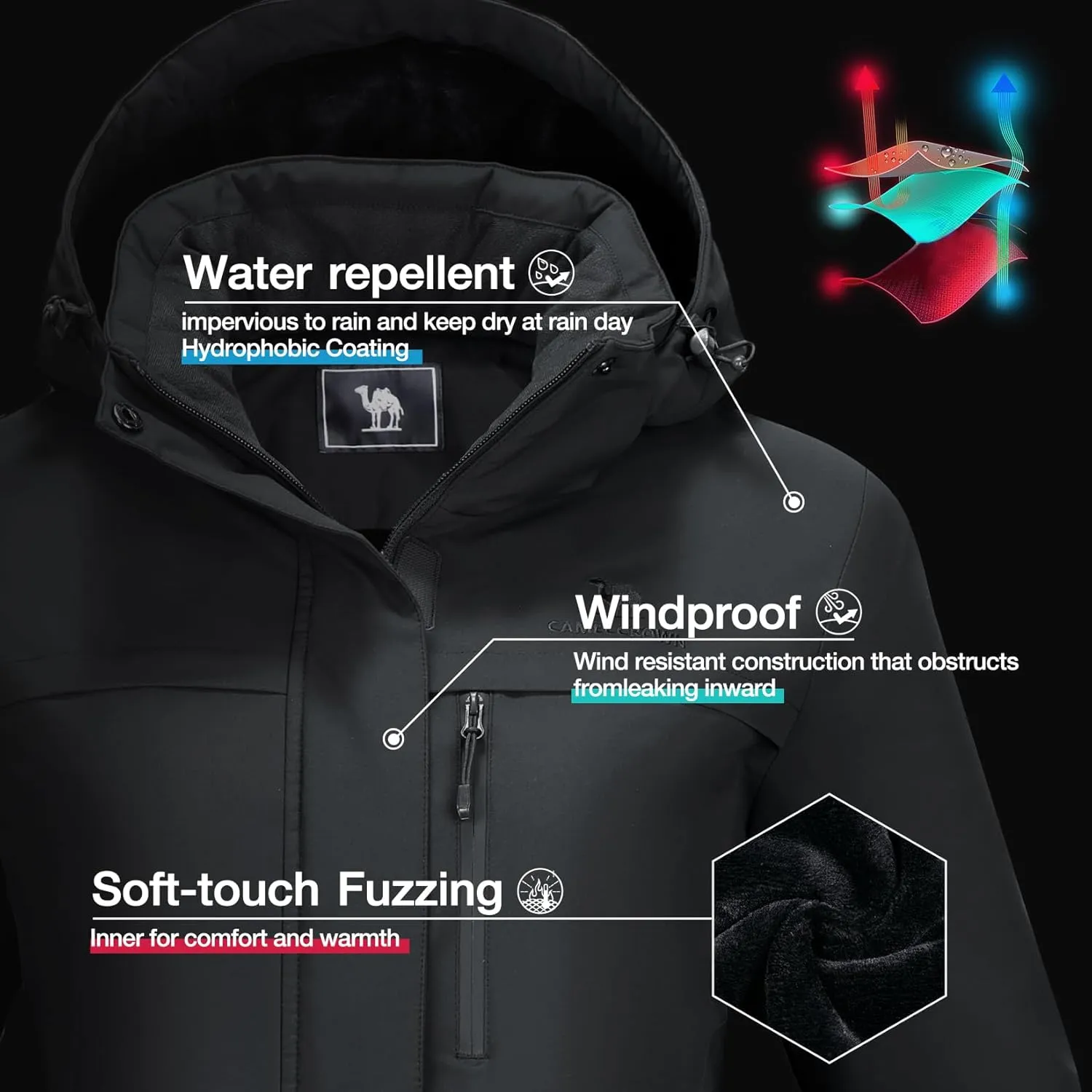 CAMEL CROWN Women's Ski Jacket Waterproof Winter Mountain Coat Warm Fleece Windbreaker Hooded Raincoat Snowboarding Jackets