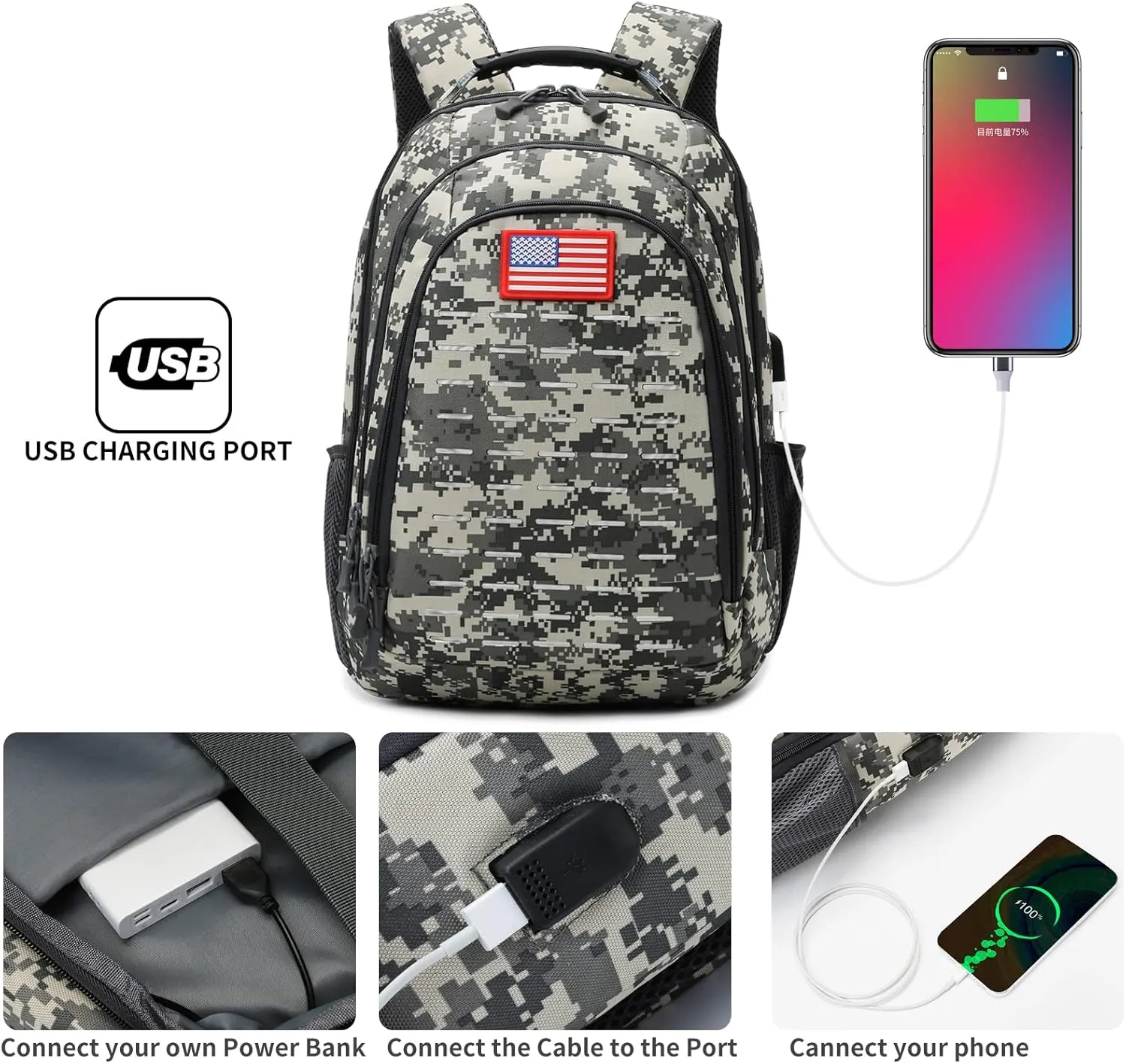 Camo Backpack,Small Tactical Backpack for outdoor,Military Teen Boys Backpacks for School with USB Charging Port,40L