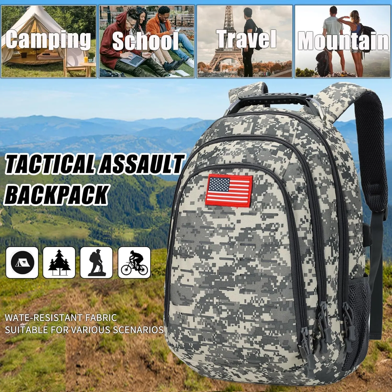 Camo Backpack,Small Tactical Backpack for outdoor,Military Teen Boys Backpacks for School with USB Charging Port,40L