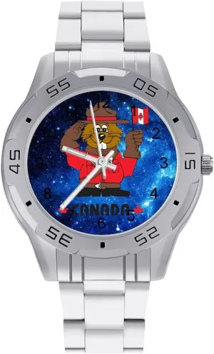 Canada Beaver Cartoon Simple Wrist Watches for Men Silver Casual Big Face Dress Watch Easy to Read
