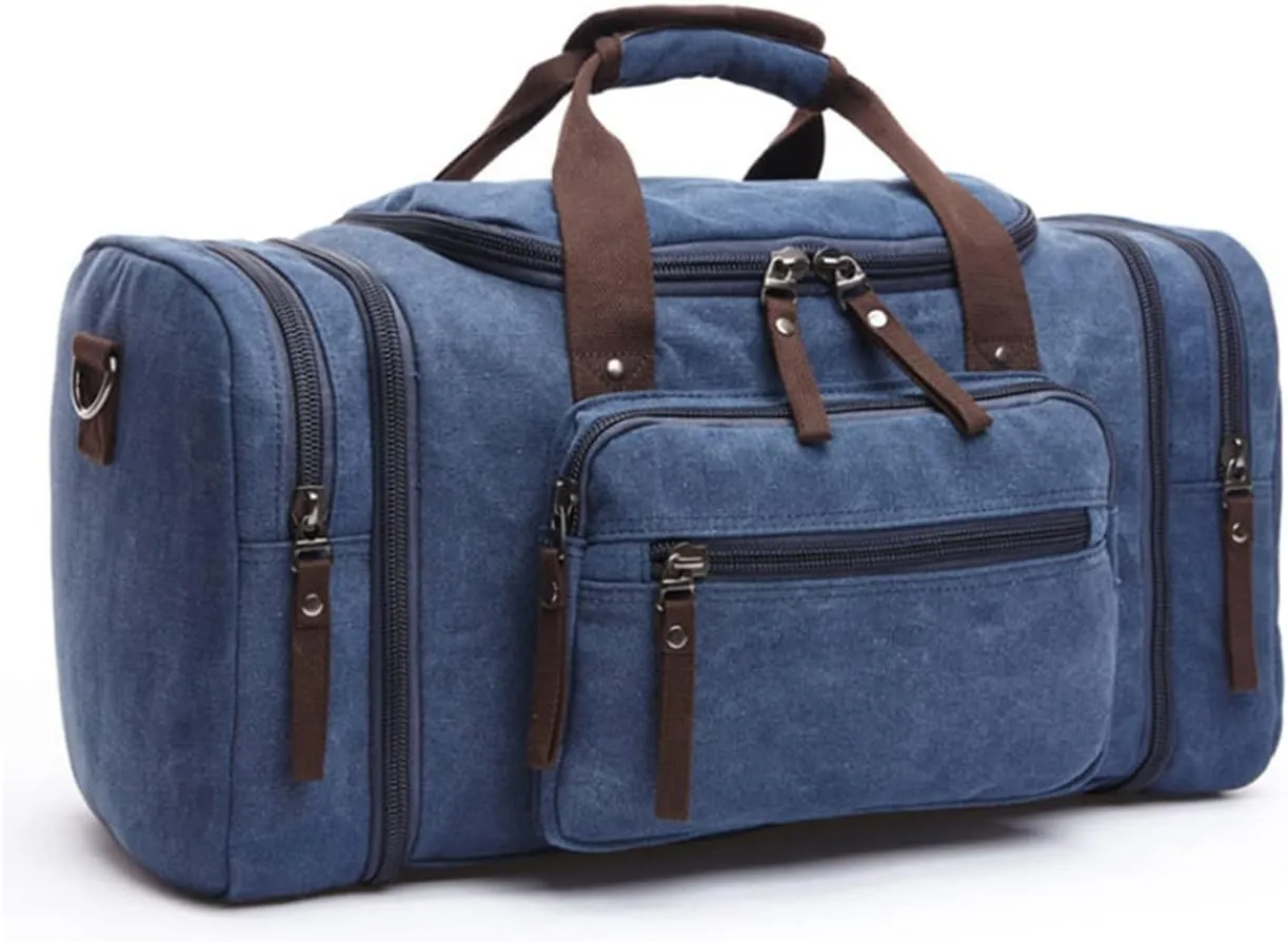 Canvas Duffle Bag for Travel 50L Large Duffel Bag for Men Women, Overnight Weekender Carry on Laptop Bag Outdoor Portable Soft Dense Durable (Blue)