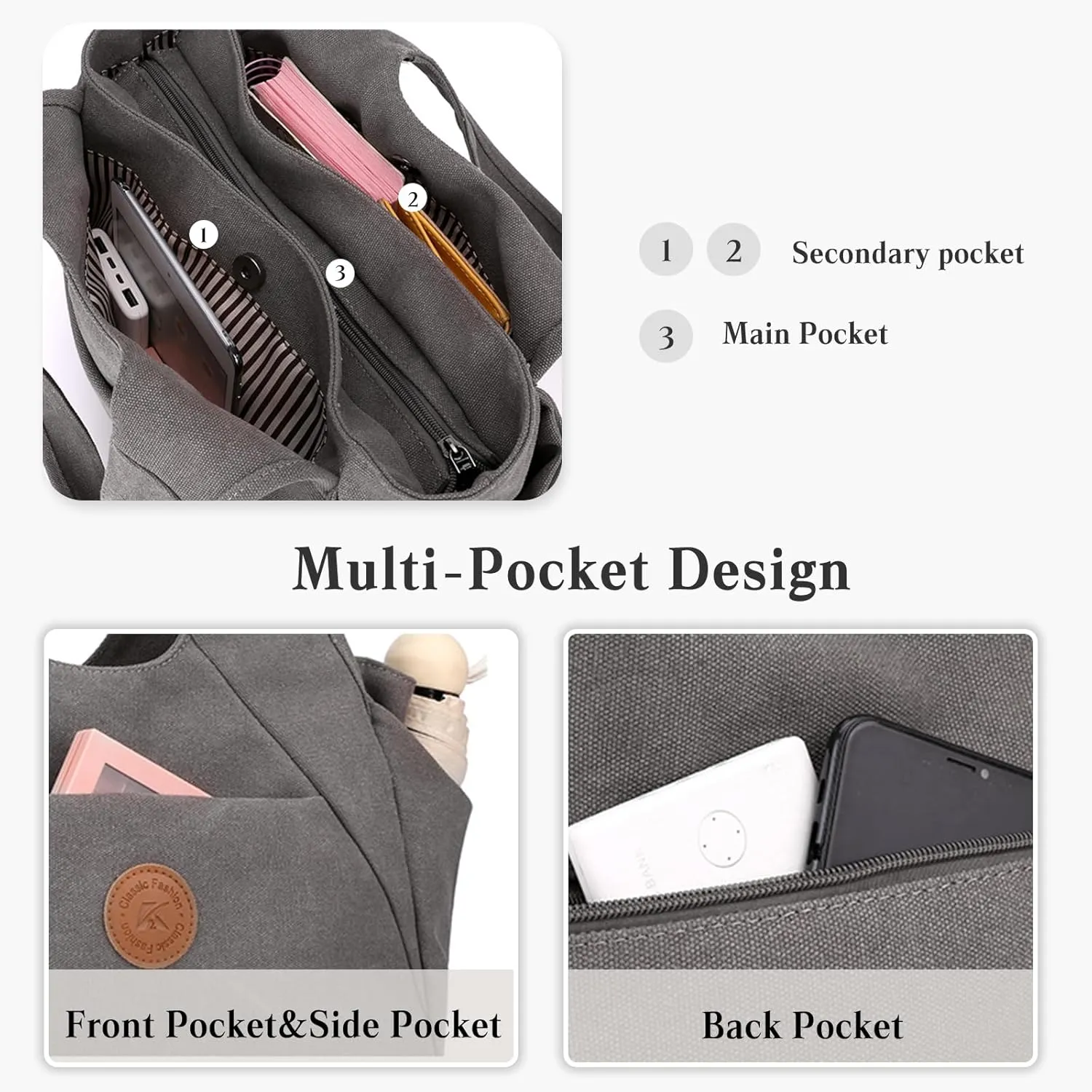 Canvas Handbag Women Shoulder Bag Multi-Pockets Top Handle Bag Large Capacity Tote Bag Clutch Bag Casual Hobo Bag