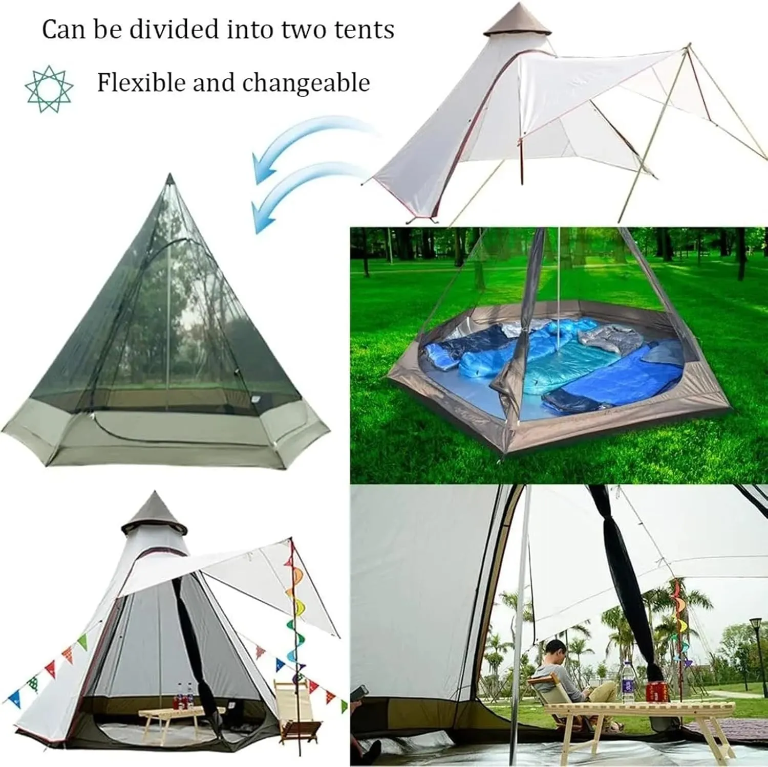 Canvas Indian Bell Tents 3-8 Persons, Classic Style, Camping Tent, 4 Season, Water-Repellent Treatment, Black