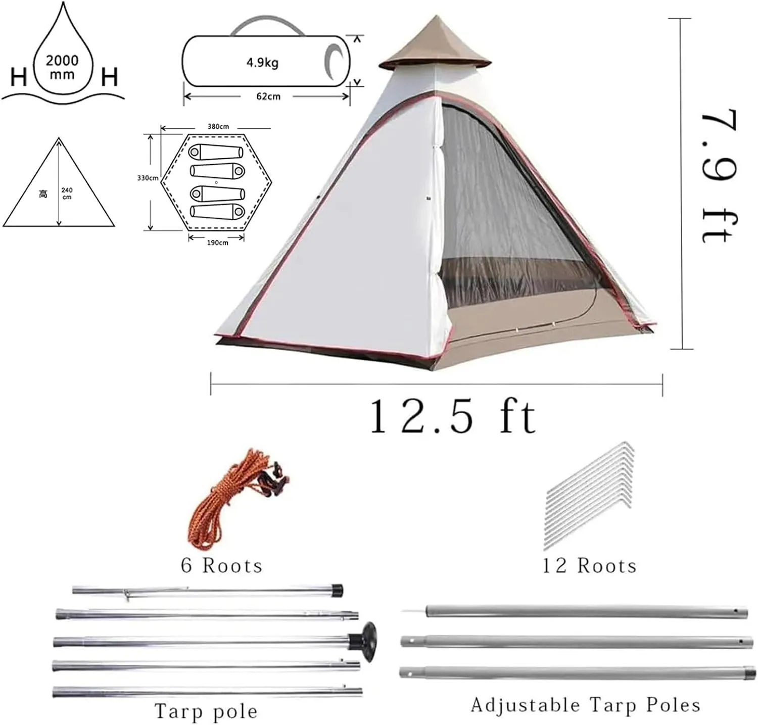 Canvas Indian Bell Tents 3-8 Persons, Classic Style, Camping Tent, 4 Season, Water-Repellent Treatment, Black