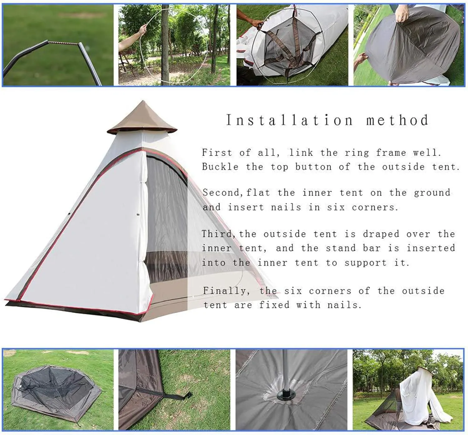 Canvas Indian Bell Tents 3-8 Persons, Classic Style, Camping Tent, 4 Season, Water-Repellent Treatment, Black