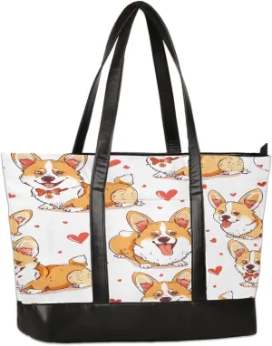 Canvas Laptop Tote Bag for Women Cherry Blossom Pink Blue 15.6 Inch Large Capacity Computer Bag