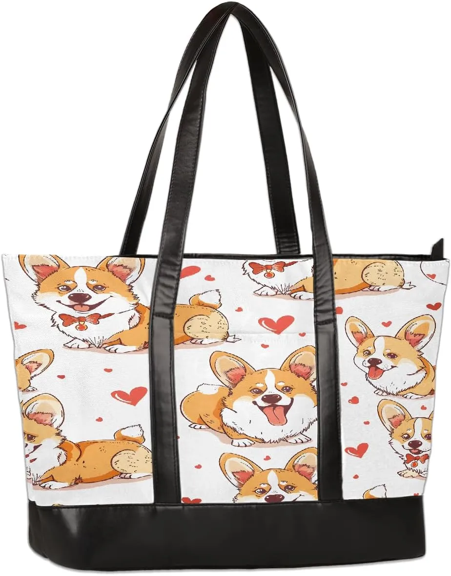 Canvas Laptop Tote Bag for Women Cherry Blossom Pink Blue 15.6 Inch Large Capacity Computer Bag