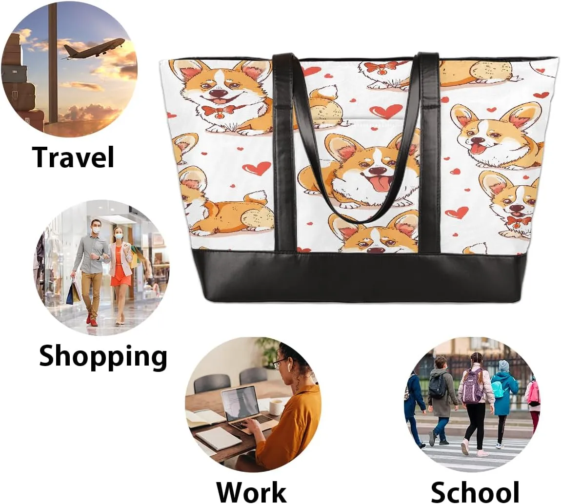 Canvas Laptop Tote Bag for Women Cherry Blossom Pink Blue 15.6 Inch Large Capacity Computer Bag