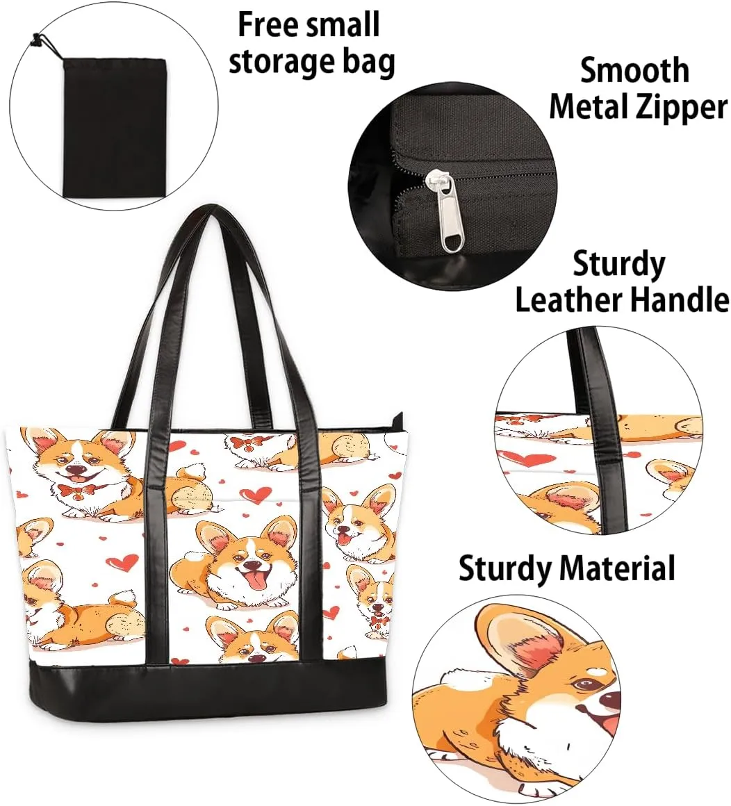 Canvas Laptop Tote Bag for Women Cherry Blossom Pink Blue 15.6 Inch Large Capacity Computer Bag