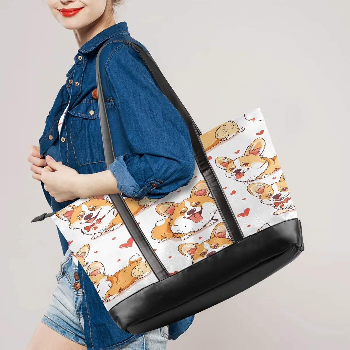 Canvas Laptop Tote Bag for Women Cherry Blossom Pink Blue 15.6 Inch Large Capacity Computer Bag