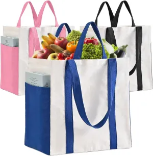 Canvas Reusable Grocery Bags 3 Pack, Heavy Duty Canvas Shopping Totes with Reinforced Handles, 6 Compartments & Side Pockets, Foldable Washable Large Sublimation Bags for Grocery/Picnic/Beach