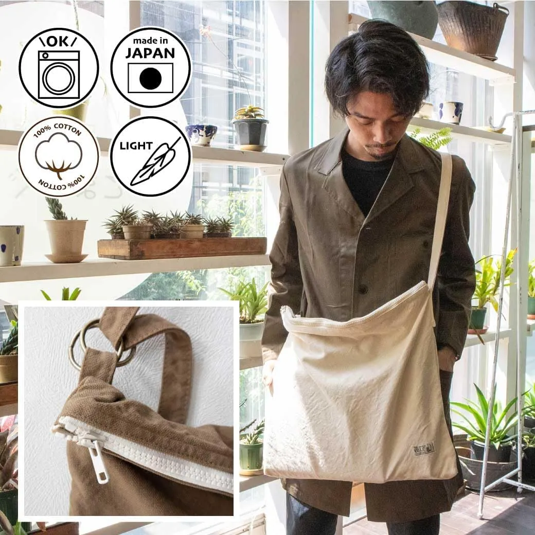 Canvas Shoulder Bag Cotton100% japan Washable Large capacity Adjustable Lightweight Zipper (VC-35)