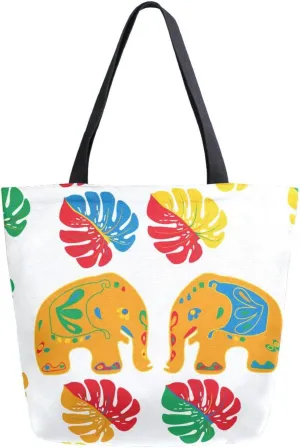 Canvas Tote Bag Asian Elephants Leaves Woman Beach Bag Colorful Tropical Leaf Shoulder Bag School Had Bag Handbag Holiday Gift