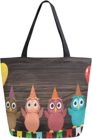 Canvas Tote Bag Birthday Colored Owls Woman Beach Bag Garland Flags Balloons Wooden Shoulder Bag School