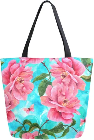 Canvas Tote Bag Blooming Pink Rose Woman Beach Bag Watercolor Butterfly Shoulder Bag School Had Bag Handbag Holiday Gift