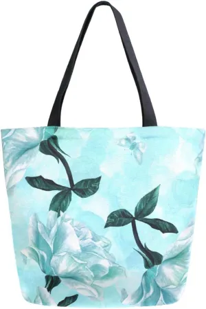Canvas Tote Bag Blooming Rose Blue Woman Beach Bag Spring Summer Butterfly Shoulder Bag School Had Bag Handbag Holiday Gift