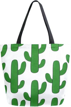 Canvas Tote Bag Cactus Green Woman Beach Bag Summer Flowers Floral Shoulder Bag School Had Bag Handbag Holiday Gift