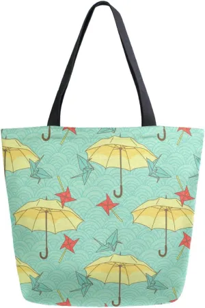 Canvas Tote Bag Colorful Umbrellas Woman Beach Bag Origami Cranes Asian Style Shoulder Bag School Had Bag Handbag Holiday Gift