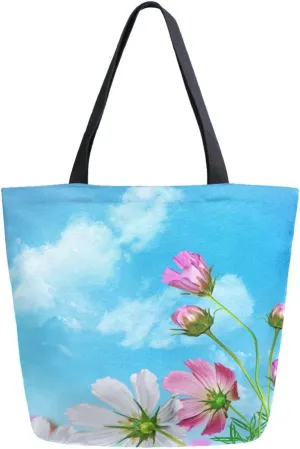 Canvas Tote Bag Cosmos Flowers Woman Beach Bag Blue Sky Clouds Shoulder Bag School Had Bag Handbag Holiday Gift