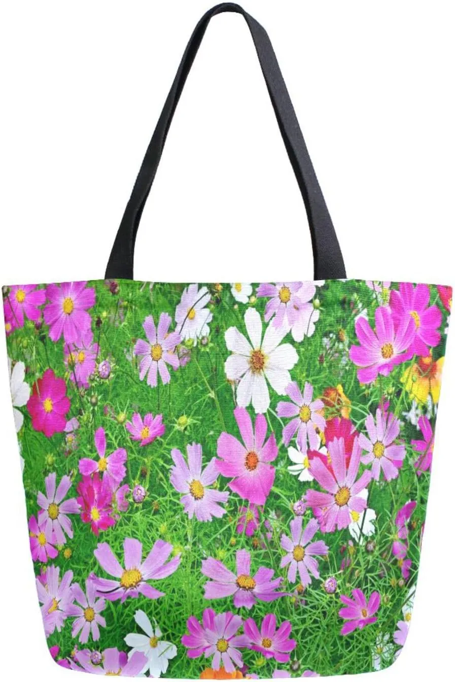 Canvas Tote Bag Cosmos Flowers Woman Beach Bag Shoulder Bag School Had Bag Handbag Holiday Gift