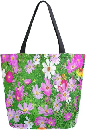 Canvas Tote Bag Cosmos Flowers Woman Beach Bag Shoulder Bag School Had Bag Handbag Holiday Gift