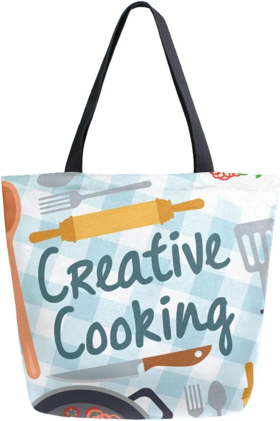 Canvas Tote Bag Creative Cooking Plaid Woman Beach Bag Tableware Set Shoulder Bag School Had Bag Handbag Holiday Gift