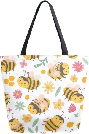 Canvas Tote Bag Cute Bee Flowers Woman Beach Bag Honey Leaves Shoulder Bag School Had Bag Handbag Holiday Gift