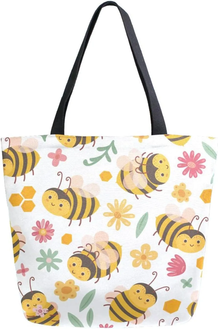 Canvas Tote Bag Cute Bee Flowers Woman Beach Bag Honey Leaves Shoulder Bag School Had Bag Handbag Holiday Gift