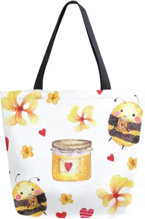 Canvas Tote Bag Cute Bee Honey Woman Beach Bag Red Hearts Flowers Shoulder Bag School Had Bag Handbag Holiday Gift
