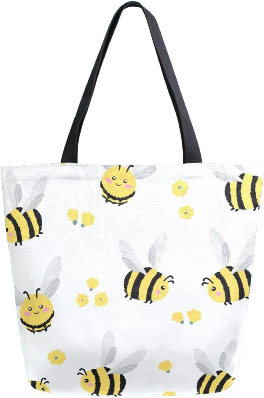 Canvas Tote Bag Cute Flying Bees Woman Beach Bag Yellow Mini Flowers Spring Shoulder Bag School Had Bag Handbag Holiday Gift