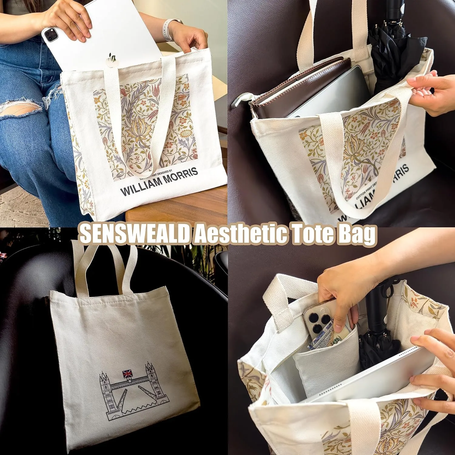 Canvas Tote Bag For Women With Zipper, Durable Portable Reusable Tote Canvas Bag, Tote Bag Aesthetic