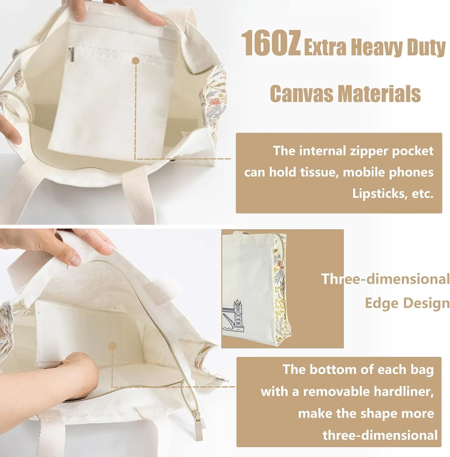 Canvas Tote Bag For Women With Zipper, Durable Portable Reusable Tote Canvas Bag, Tote Bag Aesthetic