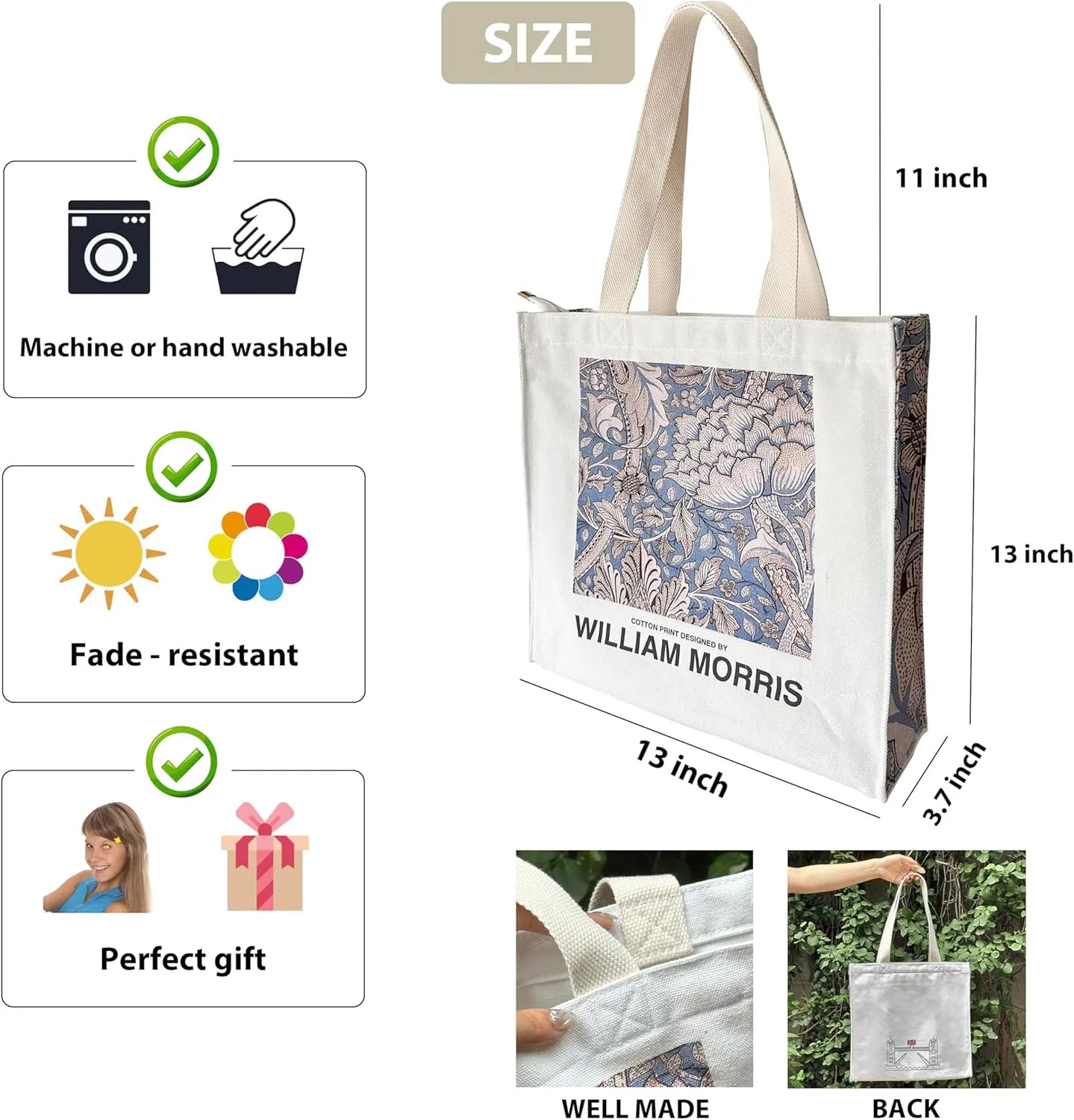 Canvas Tote Bag For Women With Zipper, Durable Portable Reusable Tote Canvas Bag, Tote Bag Aesthetic