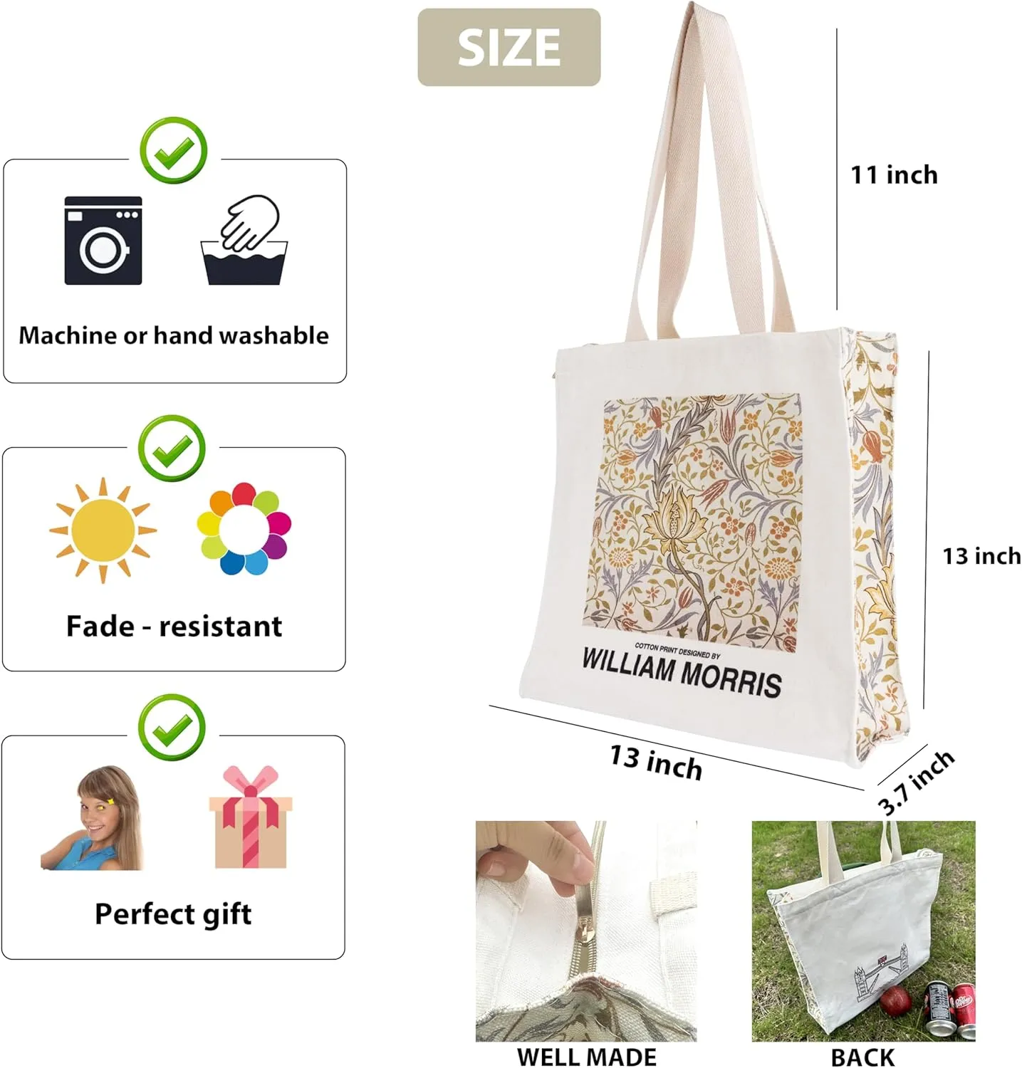 Canvas Tote Bag For Women With Zipper, Durable Portable Reusable Tote Canvas Bag, Tote Bag Aesthetic
