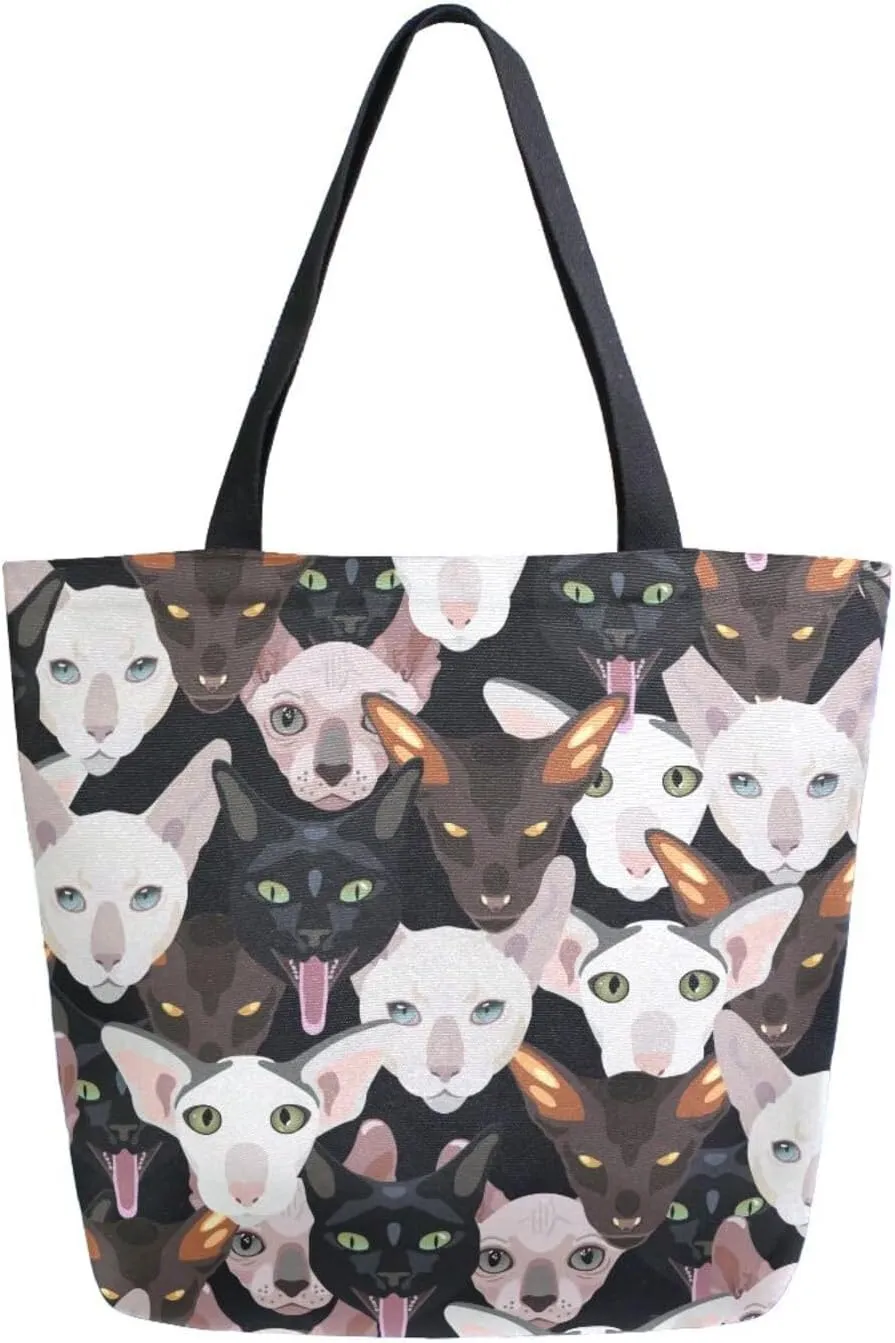 Canvas Tote Bag Funny Dogs Cats Women Shoulder Bag Different Breeds Animal Reusable Grocery Bags Large Handbag Travel Shopping Bag for School Nursing Gift Outdoors