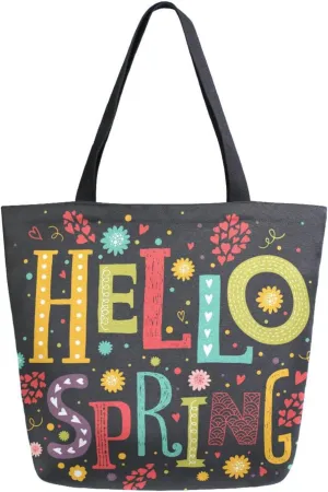 Canvas Tote Bag Hello Spring Woman Beach Bag Decorative Flower Shoulder Bag School Had Bag Handbag Holiday Gift