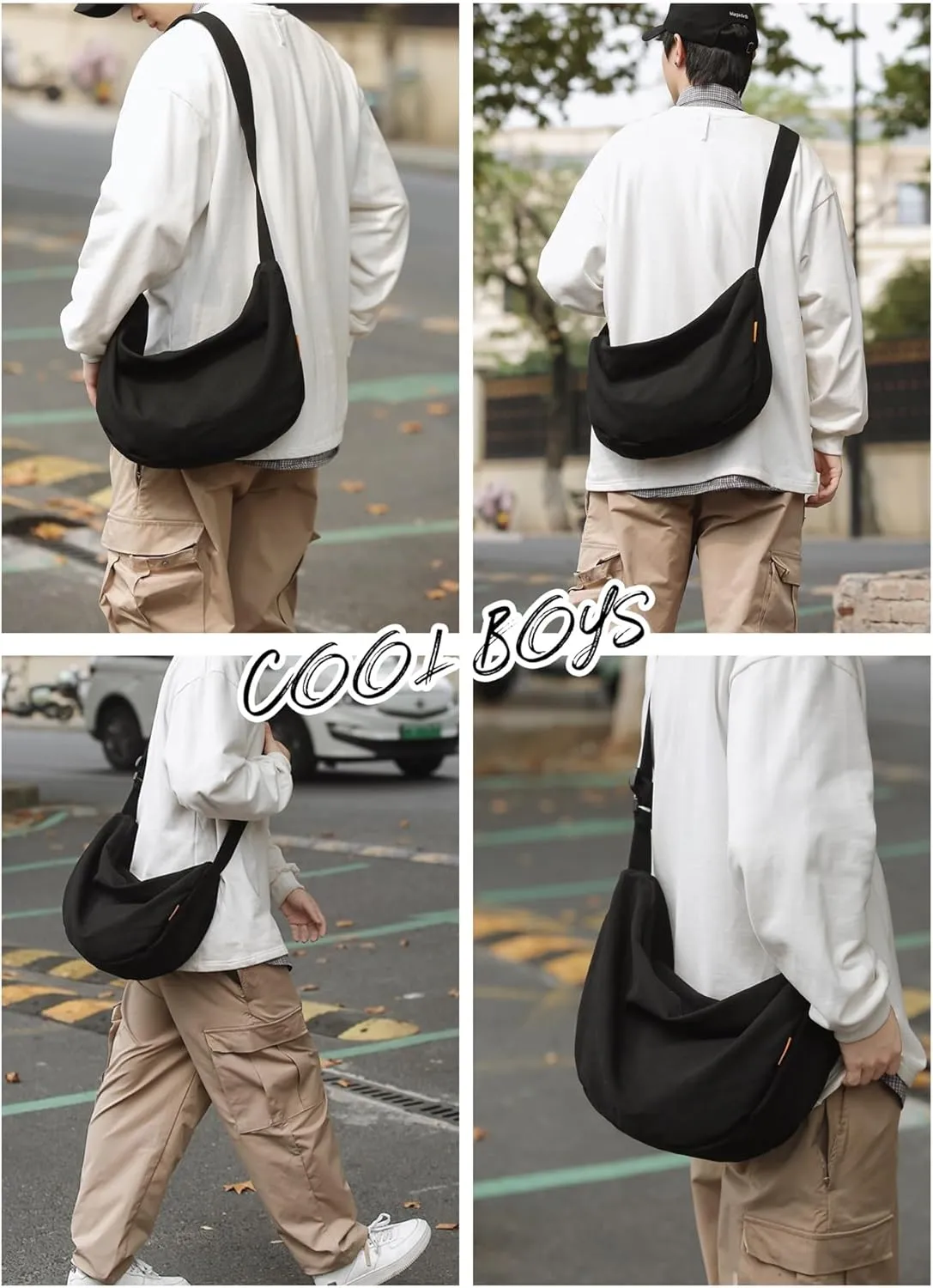 Canvas Tote Bag Hobo Crossbody Bag Fashion Crescent Bag with Zipper Pockets for Shopping Travel for Women and Men Black