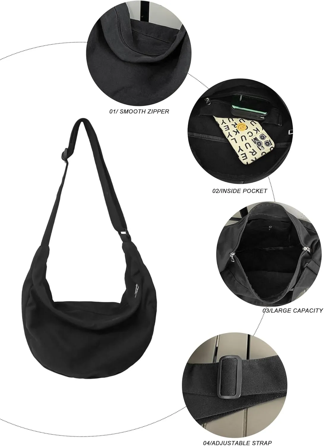 Canvas Tote Bag Hobo Crossbody Bag Fashion Crescent Bag with Zipper Pockets for Shopping Travel for Women and Men Black