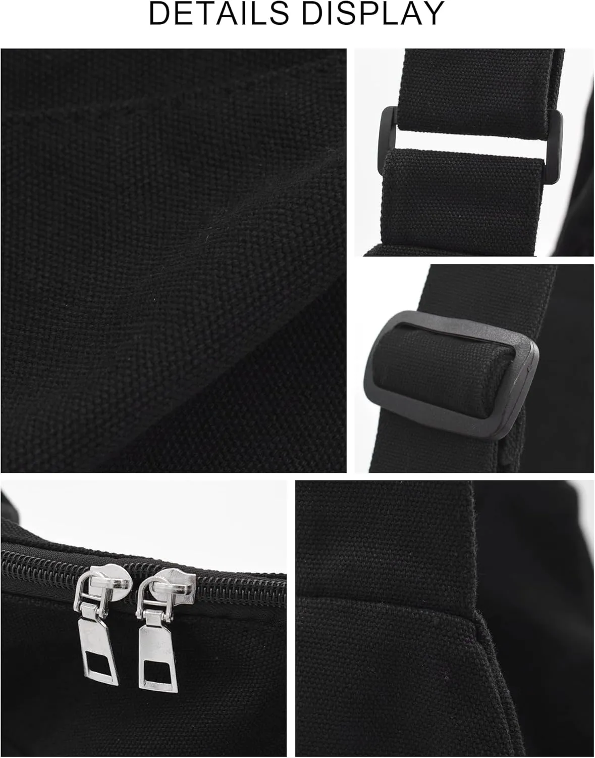 Canvas Tote Bag Hobo Crossbody Bag Fashion Crescent Bag with Zipper Pockets for Shopping Travel for Women and Men Black