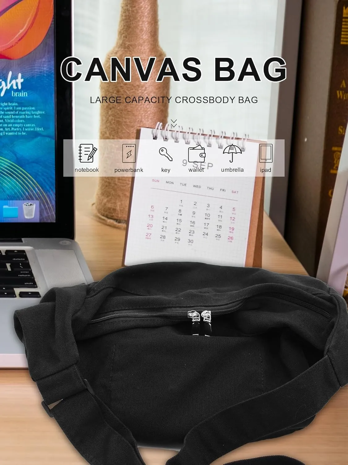 Canvas Tote Bag Hobo Crossbody Bag Fashion Crescent Bag with Zipper Pockets for Shopping Travel for Women and Men Black