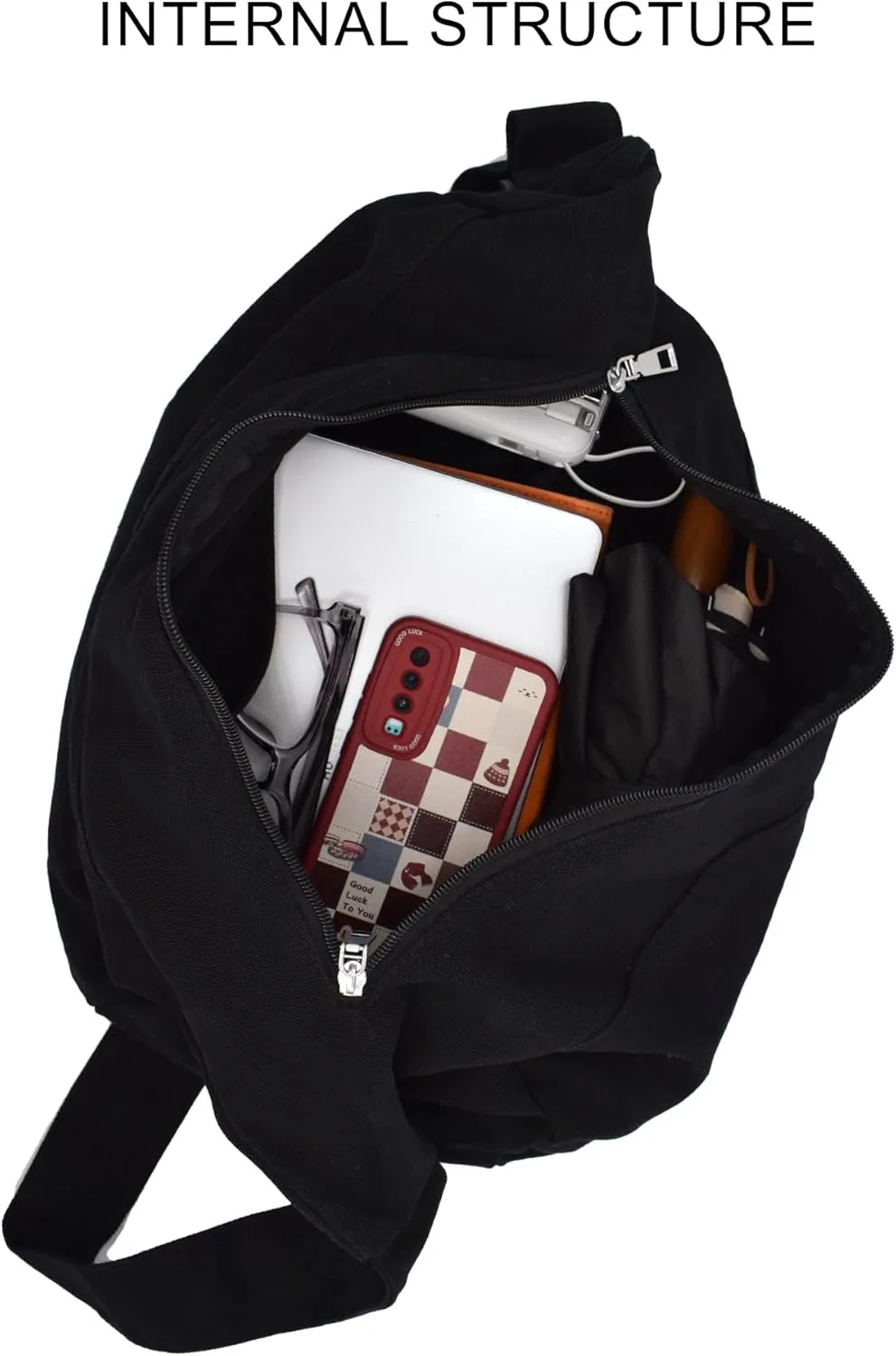 Canvas Tote Bag Hobo Crossbody Bag Fashion Crescent Bag with Zipper Pockets for Shopping Travel for Women and Men Black