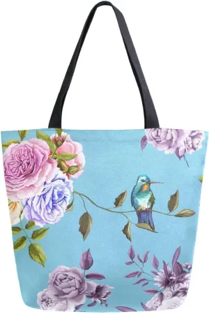 Canvas Tote Bag Humming Bird Roses Woman Beach Bag Spring Peony Leaves Blue Shoulder Bag School Had Bag Handbag Holiday Gift