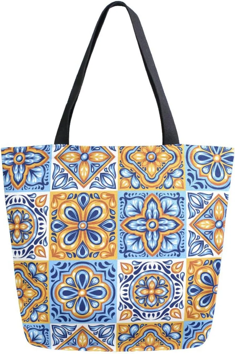 Canvas Tote Bag Italian Ceramic Tile Woman Beach Bag Tribal Ethic Shoulder Bag School Had Bag Handbag Holiday Gift